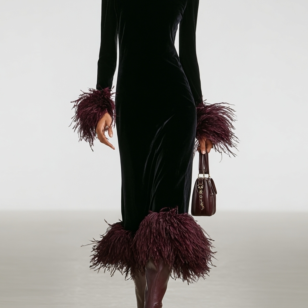 Chic Velvet Long Sleeve Dress with Ostrich Feather Accents